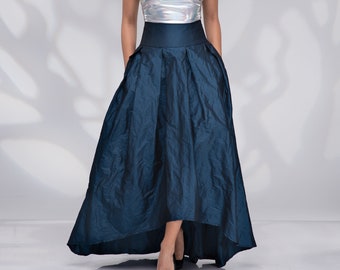 Formele lange maxi rok, hoog getailleerde rok, trouwrok, bruidsrok, blauwe Taffeta rok, asymmetrische rok