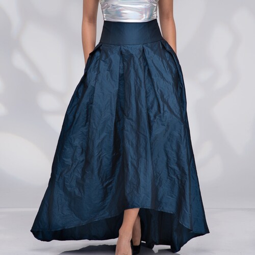 Formal Long Maxi Skirt, High Waisted Skirt, Wedding Skirt, Bridal Skirt, Blue Taffeta Skirt, Asymmetric Skirt