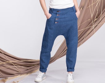 Linen Harem Pants Women, Denim Linen Trousers