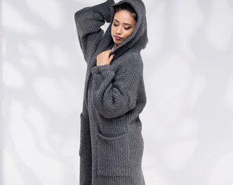 Oversized Hooded Knit Cardigan Coat, Wool Long Cardigan, Pockets, Loose Fit