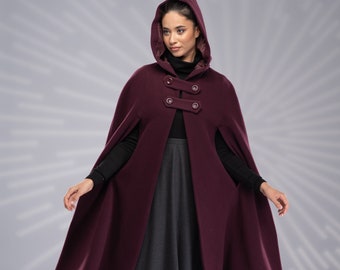 Woll Mantel Umhang mit Kapuze, Wolle Cape Mantel, Maxi Kapuzenumhang, Kapuzen Cape Frauen, Langes Winter Cape