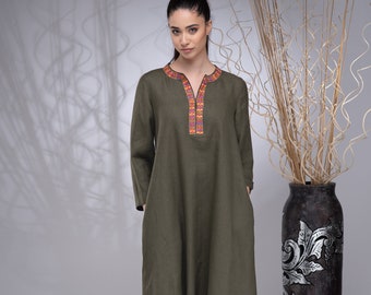 Leinen Kaftan, Leinen Maxi Kleid, Leinenkleid für Frauen, Besticktes Leinenkleid, Boho Leinenkleid, Leinen Abaya