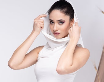 White Sexy Sleeveless Top, Cowl Hooded Top Summer