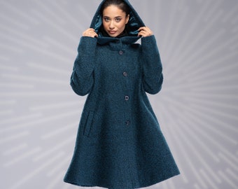 Wool Swing Coat, Hooded Coat Women, Winter Coat, Warm Coat, Short Wool Coat with Lining