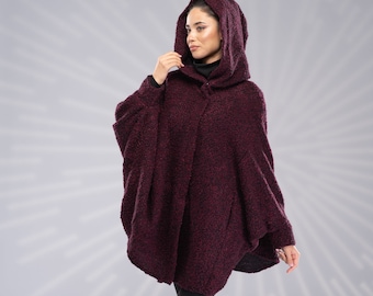 Burgundy Wool Hooded Cape, Winter Poncho Coat, Plus Size