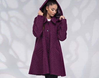 Wool Coat Hooded, Winter Coat Women, Swing Coat with Lining