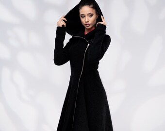 Wool Coat Women, Long Winter Hooded Coat