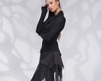 Long Black Draped Asymmetrical Tunic, Turtleneck Casual Top with Thumb Hole Sleeve, Tunic Tops for Women