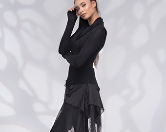 Long Black Draped Asymmetrical Tunic, Turtleneck Casual Top with Thumb Hole Sleeve