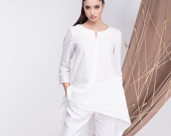White Two Piece Linen Set : Long Asymmetrical Linen Tunic and  Wide Leg Pants