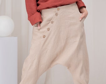 Avant garde Harem Pants Women, Linen Drop Crotch Pants, Unisex Baggy Summer Trousers