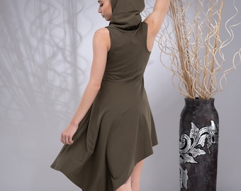 Hooded Elven Dress, Asymmetrical Cowl Hoodie Dress Sleeveless