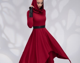 Winter Dress, Pixie Hooded Dress, Wool Dress with Cowl Hood