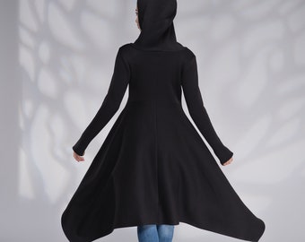 Cotton Fleece Black Hoodie Asymmetrical Jacket, Long Zip up Hooded Maxi Coat