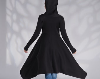 Cotton Hooded Coat, Hooded Maxi Jacket, Long Zip up Hodie, Black Gothic Jacket, Asymmetrical Sweatshirt Coat