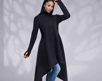 Manteau gothique à capuche zippé, manteau long à capuche en coton noir, manteau long asymétrique à capuche