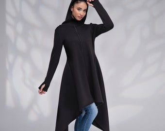 Zip up Hoodie Gothic Mantel, Schwarzer Baumwoll Kapuzen Maxi Mantel, Langes Kapuzen Sweatshirt Asymmetrischer Mantel