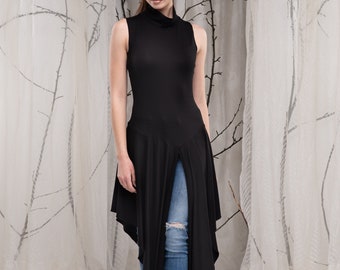 Long Black Turtleneck Asymmetrical Tunic, Summer Casual Draped Top, Sleeveless Tunic Tops for Women