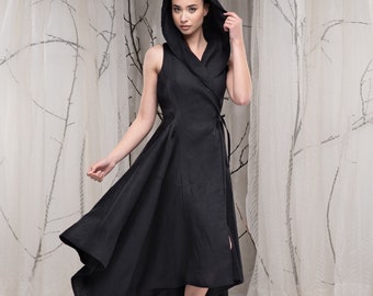 Avant garde Hoodie Dress Linen, Hooded Maxi Wrap Dress for Women