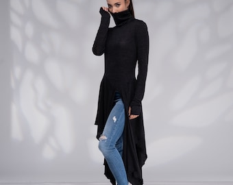 Longue tunique asymétrique noire à col roulé, haut drapé décontracté avec passe-pouce, hauts tuniques pour femme
