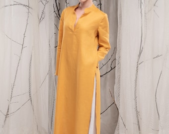 Long Linen Tunic for Women, Linen Shirt Dress with Two Slits on Side