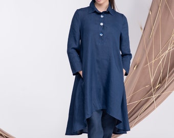 Lange Leinen Tunika Plus Größe, asymetrische Knopf-Shirt für Frauen