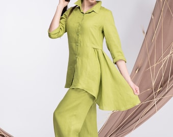 Two Piece Linen Set with Maxi Tunic and Wide Leg Pants