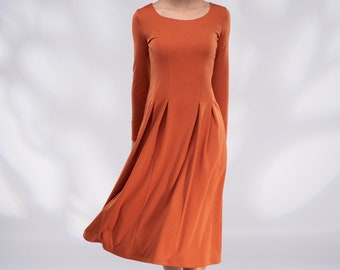 Robe d’hiver, robe midi orange brûlée pour femmes