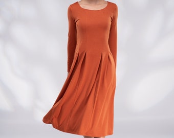 Winter Dress, Burnt Orange Midi Dress for Women