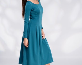 Drop Waist Dress Dress Teal Green Midi Dress 00s Plain Scalloped Neckline  Long Sleeve Full Skirt Fit and Flare Retro Vintage Y2K Medium 8 - Etsy