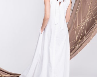 White Linen Maxi Dress for Women, Long Sleeveless A-Line Boho Dress