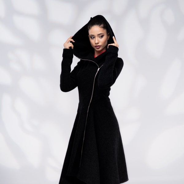 Wool Coat Women, Hooded Winter Coat, Boiled Wool Coat, Long Wool Coat, Asymmetrical Coat