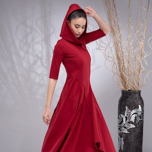 Maxi Kleid mit Kapuze für Frauen, Elfen-Kleid, Pixie-Kapuzen-Kleid, Feenkleid, asymmetrisches Kleid
