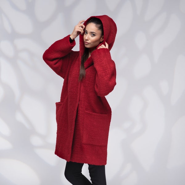 Manteau en laine surdimensionné, manteau d’hiver à capuche avec doublure