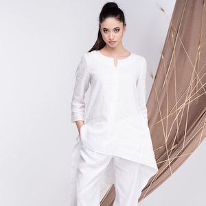 Zweiteiler Leinen Set Weiss, Leinen Tunika, Leinenhose