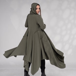 Long Hooded Cardigan Cotton Cloak with Hood, Khaki Which Cloak, Fall Maxi Cardigan