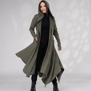 Which Hooded Cloak, Long Cardigan Women, Cotton Asymmetrical Jacket, Khaki Cloak with Hood