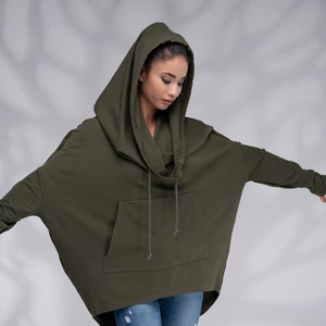 Kapuzenpullover mit Wasserfallausschnitt, Kapuzenpullover für Damen, Kapuzenpullover mit Wasserfallausschnitt, lockere Loungewear für Damen Khaki (5)