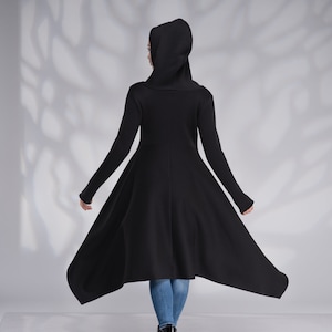 Cotton Hooded Coat, Hooded Maxi Jacket, Long Zip up Hodie, Black Gothic Jacket, Asymmetrical Sweatshirt Coat