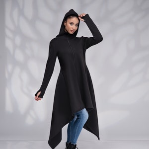 Zip up Hoodie Gothic Coat, Black Cotton Hooded Maxi Coat, Long Hooded Sweatshirt Asymmetrical Coat