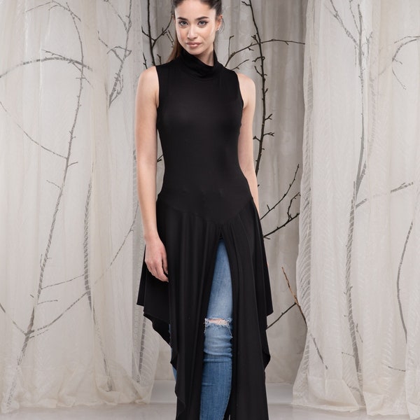 Long Black Turtleneck Asymmetrical Tunic, Summer Casual Draped Top, Sleeveless Tunic Tops for Women