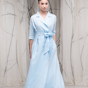 Long Linen Wrap Dress for Women, Maxi Linen Dress, Shawl Collar Linen Dress, Linen Kimono Dress, Linen Wedding Dress