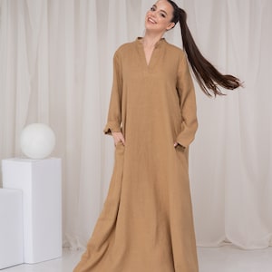 Linen Kaftan Maxi Dress Women, Linen Abaya, Long Linen Dress with Pleat on Back, Linen Robe with Two Pockets