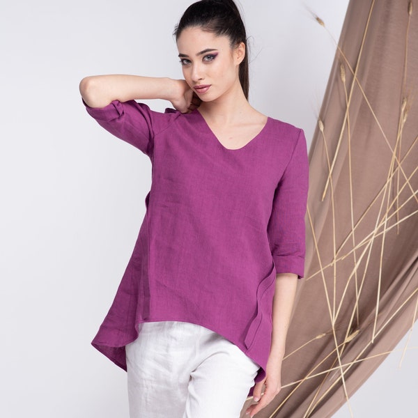Льняная фиолетовая блуза с короткими рукавами, лняная