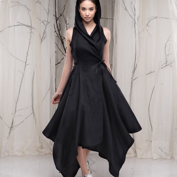 Hooded Linen Wrap Dress, Asymmetrical Maxi Dress with Hood