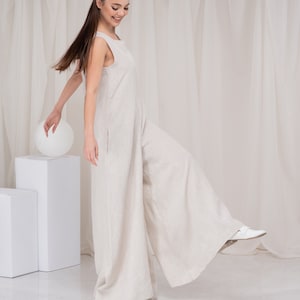 Linen Maxi Jumpsuit Dress, Wide Leg Linen Jumpsuit Women, Oversized Jumpsuit, Loose Summer Romper, Linen Overalls Women