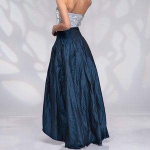 Formele lange maxi rok, hoog getailleerde rok, trouwrok, bruidsrok, blauwe Taffeta rok, asymmetrische rok afbeelding 3
