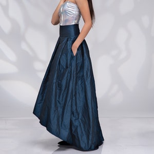 Formele lange maxi rok, hoog getailleerde rok, trouwrok, bruidsrok, blauwe Taffeta rok, asymmetrische rok afbeelding 4