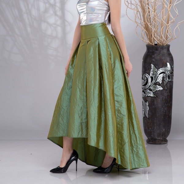 Maxi jupe formelle longue en taffetas, jupe taille haute, jupe de mariage, jupe de mariée, jupe en taffetas verte, jupe asymétrique