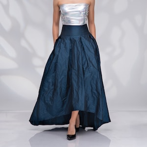 Formele lange maxi rok, hoog getailleerde rok, trouwrok, bruidsrok, blauwe Taffeta rok, asymmetrische rok afbeelding 1